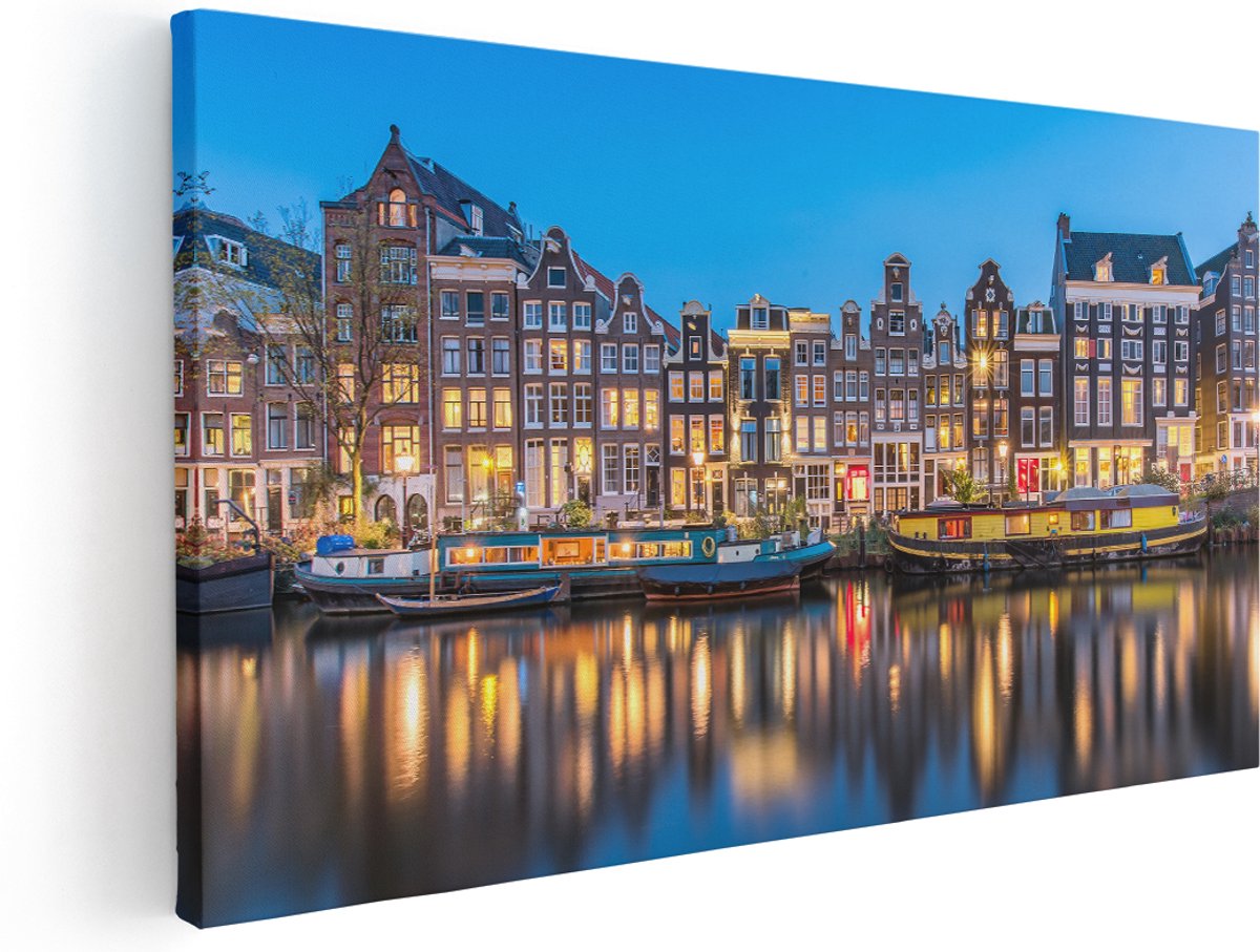 Artaza Canvas Schilderij Amsterdamse Huisjes In De Avond Met Lichten - 180x90 cm - Groot - Wanddecoratie Woonkamer - Schilderijen - Muurdecoratie