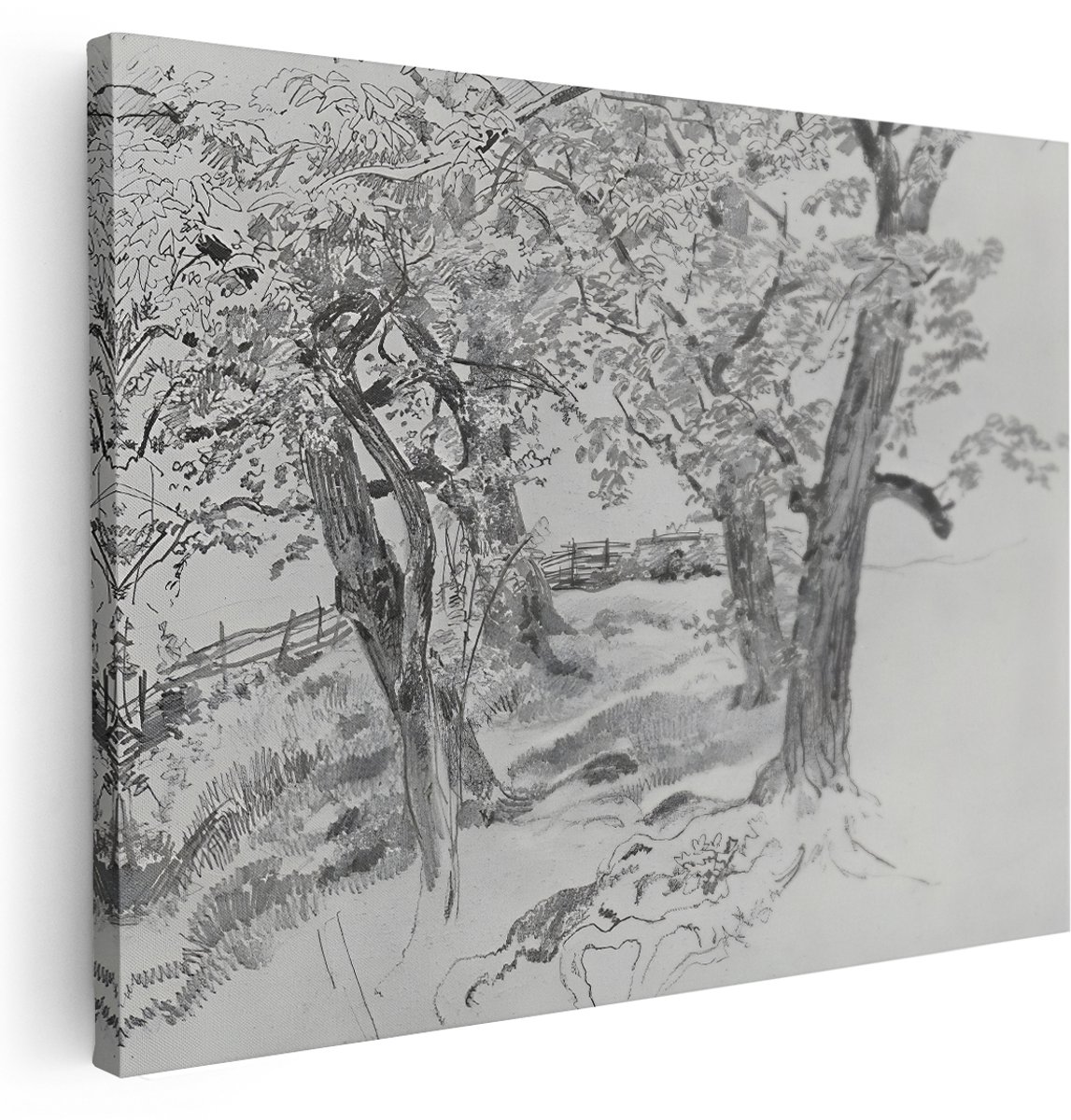 Artaza Canvas Schilderij Bomen - 160x120 cm - Groot - Wanddecoratie Natuur - Muurdecoratie Landelijk Hek - Schilderijen Zwart Wit
