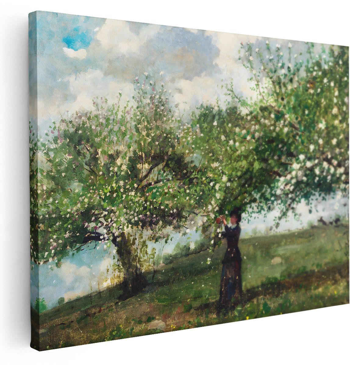 Artaza Canvas Schilderij Bloeiende Boom - 160x120 cm - Groot - Wanddecoratie Lente Landschap - Muurdecoratie Vrouw - Schilderijen Op Canvas Natuur