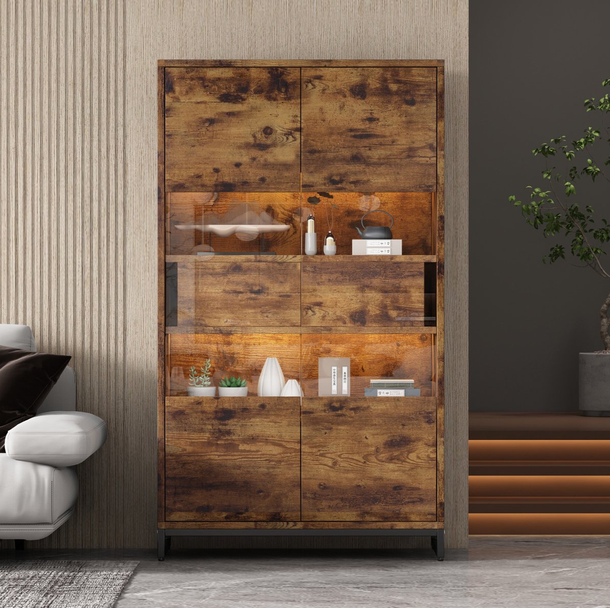 REDOM - Vitrine - 2 scharnierende deuren met acrylpanelen - 2 lades en 6 vakken - LED-verlichting met app-bediening - Retro en modern - Woonkamer of werkkamer - MDF en plexiglas - Zwart en houtnerf - 80 x 40 x 138 cm
