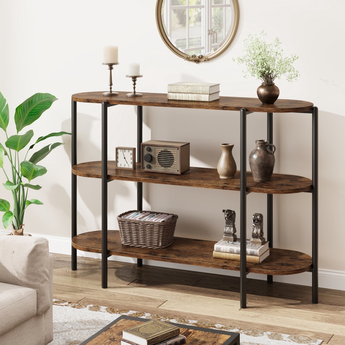 Ovale Consoletafel 3 Lagen - 120x34x75cm - Banktafel met Metalen Frame - Sidetable - 90kg Draagvermogen - Voor Hal En Woonkamer - Bruin