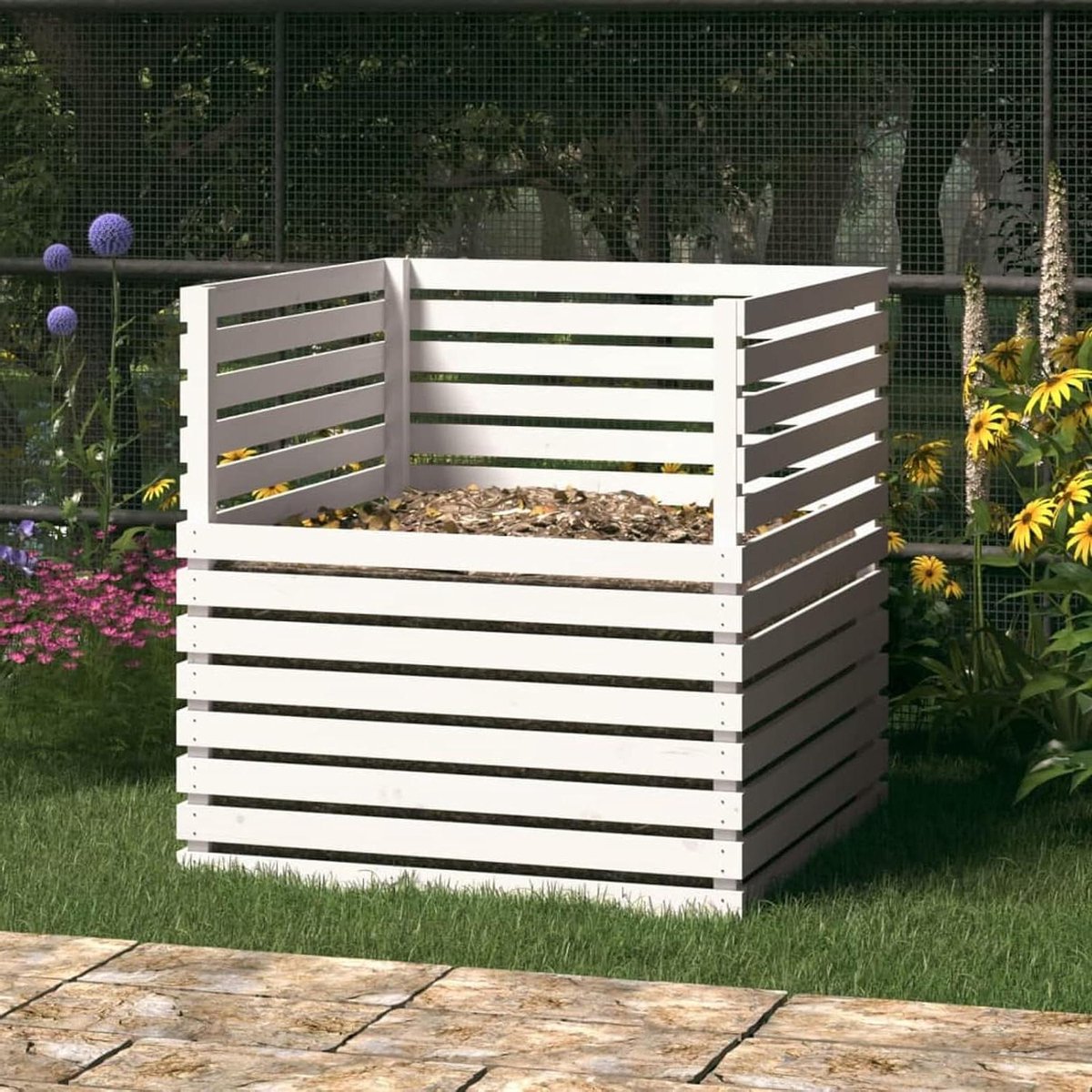 Compostbak Hout - Afvalbak Tuin - Afval Verwerken - Massief Grenenhout - 100 x 100 x 102 cm - Wit