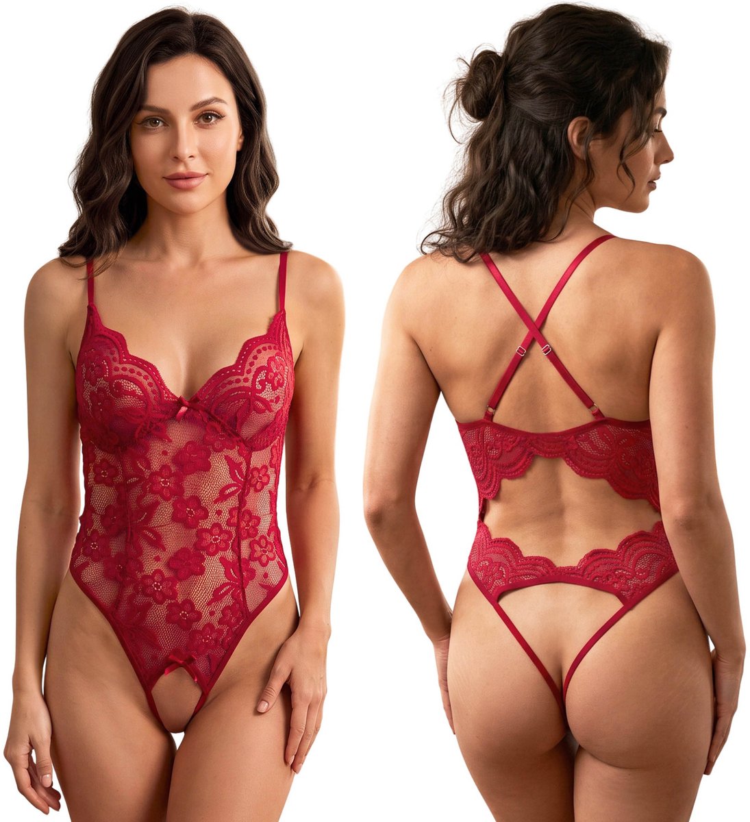 Sexy KANTEN damesbody – diep decolleté, open rug, BORDEAUX erotische lingerie L