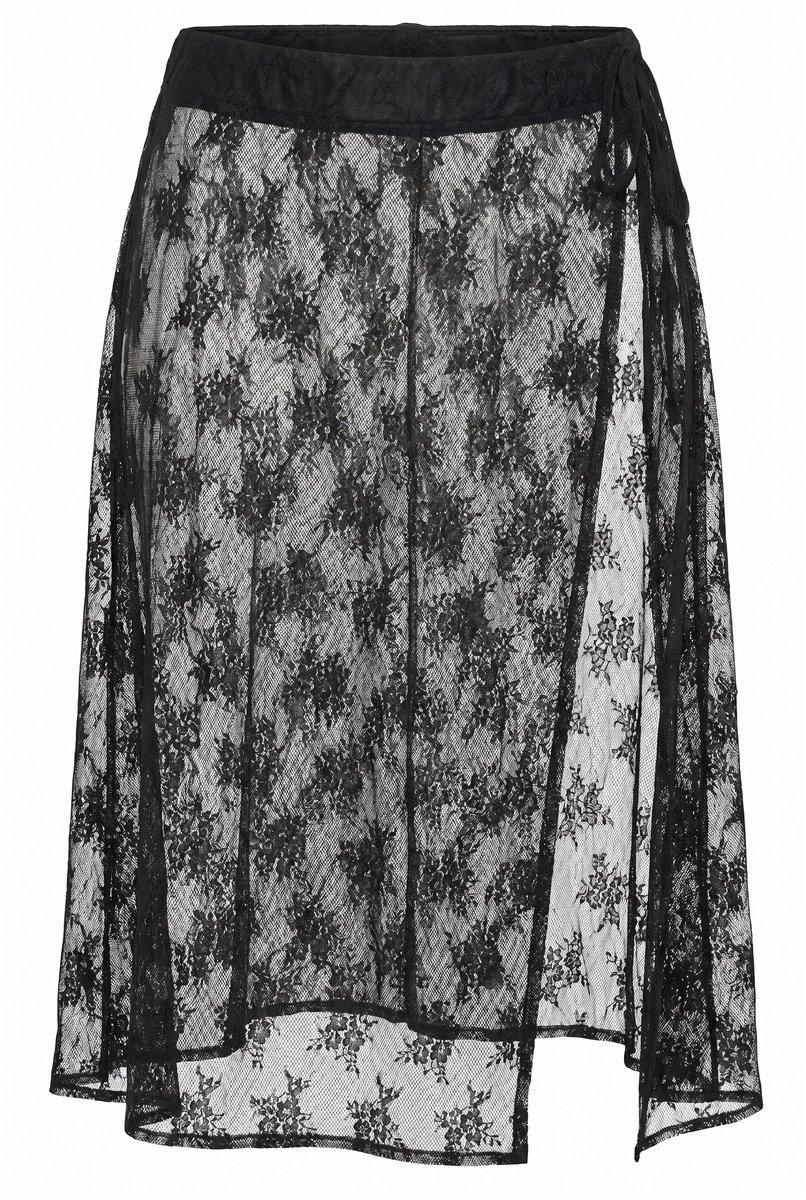 Ulla Popken - Dames - Maxi-rok kant zijdelingse striksluiting - Zwart - Maat 42+
