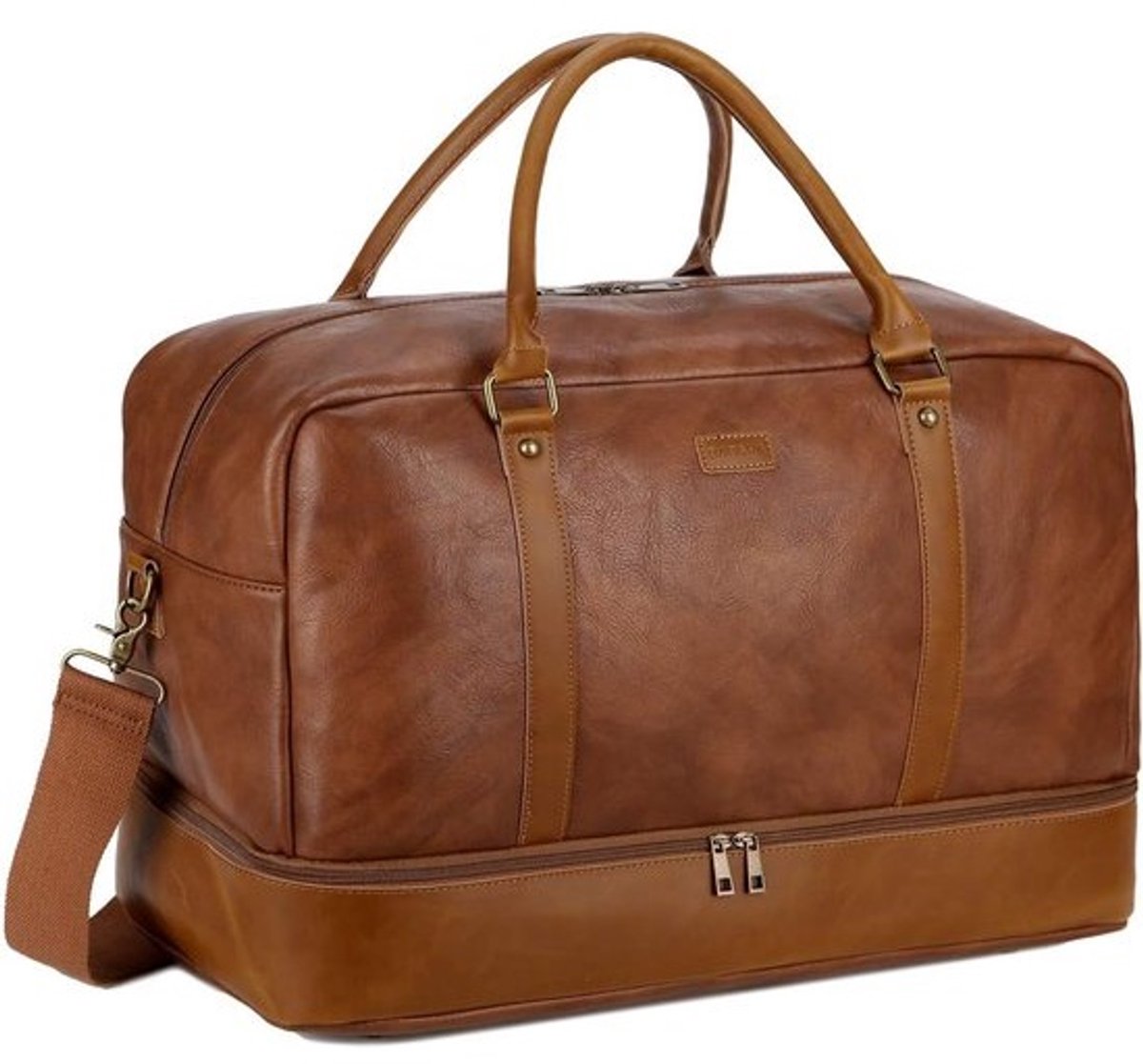 Grote leren reistas, handbagage, reistas, duffeltas, weekendtas met schoenenvak, voor mannen en heren, HB-38, bruin, X-Large