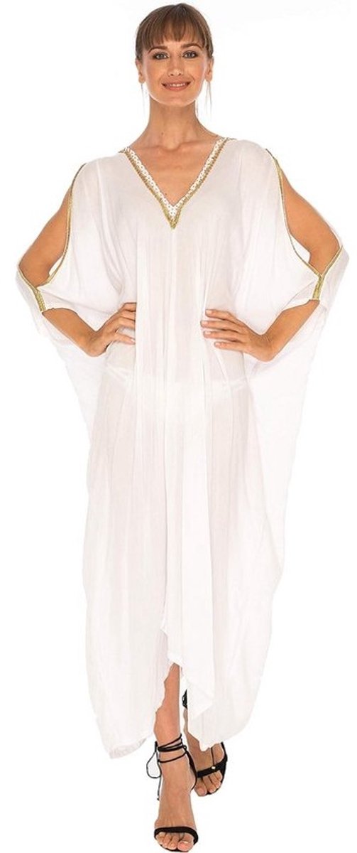 Lange Kaftan Koude Schouder Maxi Jurk voor Dames met V-hals en Gouden Kralen