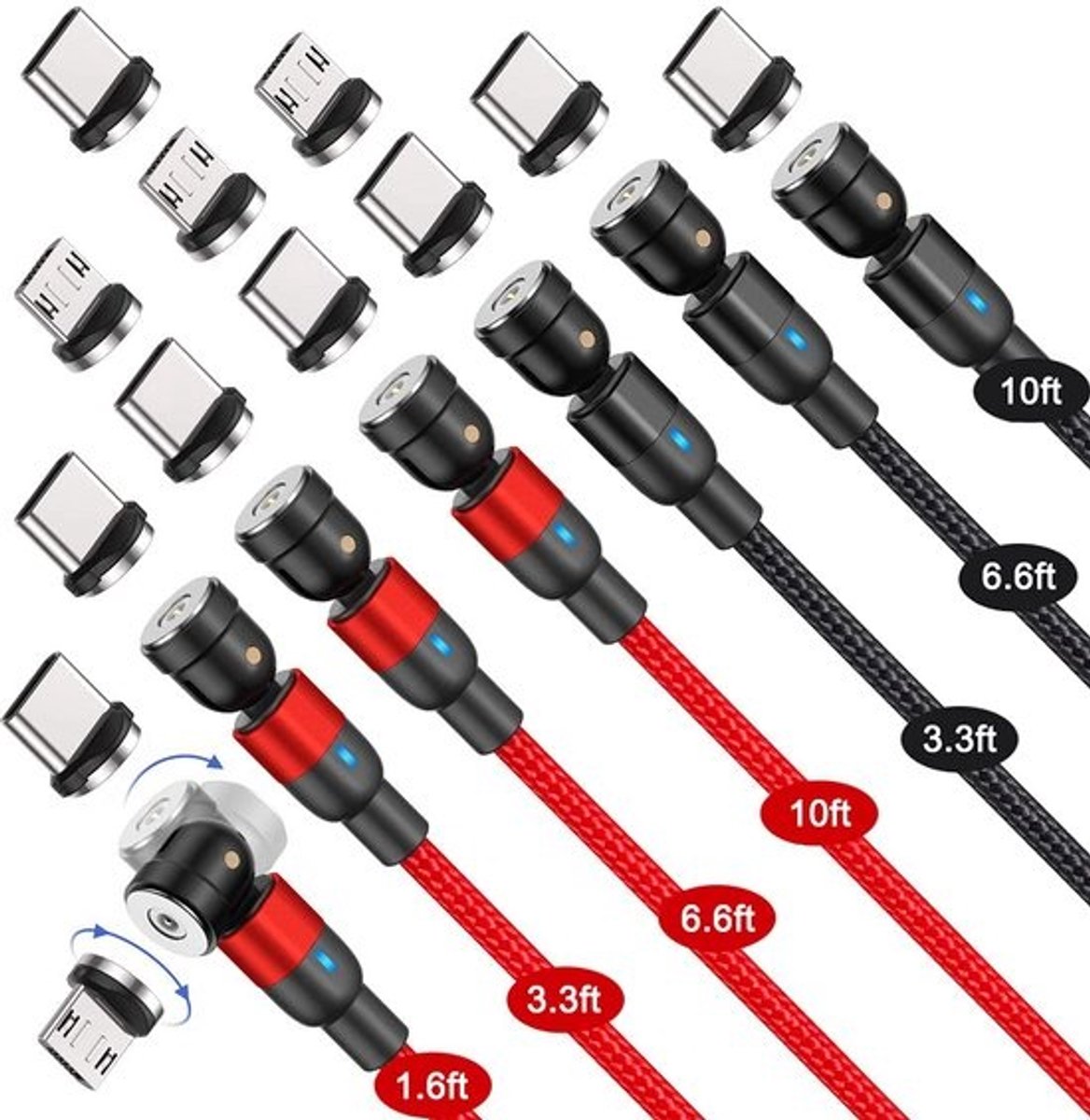 3-in-1 Magnetische Oplaadkabel Set (7-Pack) met 540° Draaibare Kop voor Type-C, Micro USB & Lightning
