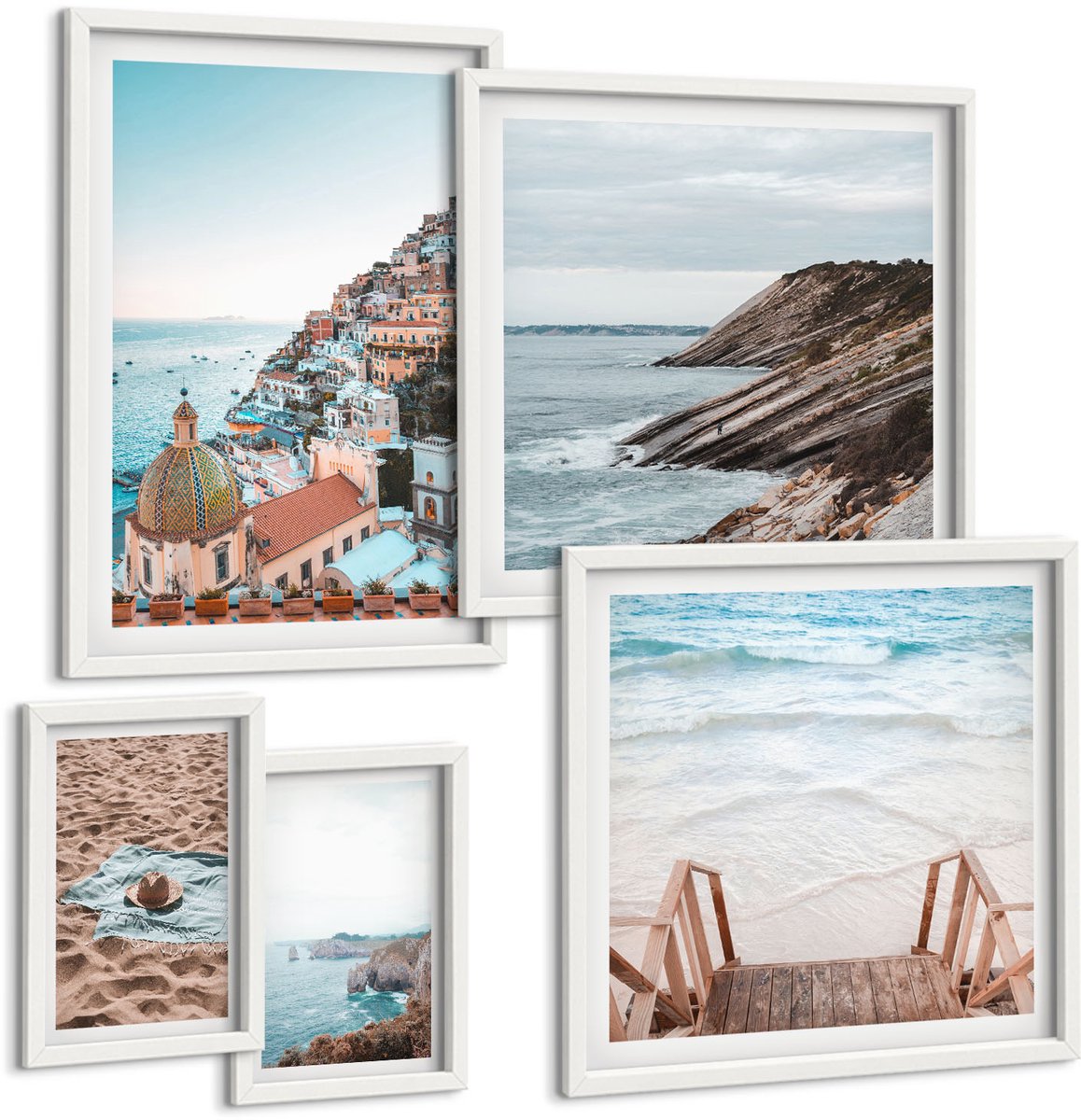 Wallfluent 5-Delige Schilderij Set - Italiaanse Kustplaatsen En Ontspannende Stranden - 50 x 50 cm, 20 x 30 cm En 40 x 60 cm - Schilderijen Set - Wanddecoratie - Woonkamer - Decoratieve Schilderijen