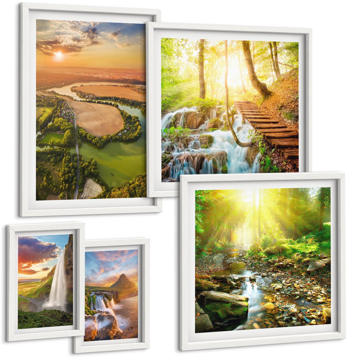 Wallfluent 5-Delige Schilderij Set - Natuurlijke Landschappen Met Watervallen En Groene Valleien - 50 x 50 cm, 20 x 30 cm En 40 x 60 cm - Wanddecoratie - Moderne Interieurdecoratie - Stijlvolle Muurdecoratie