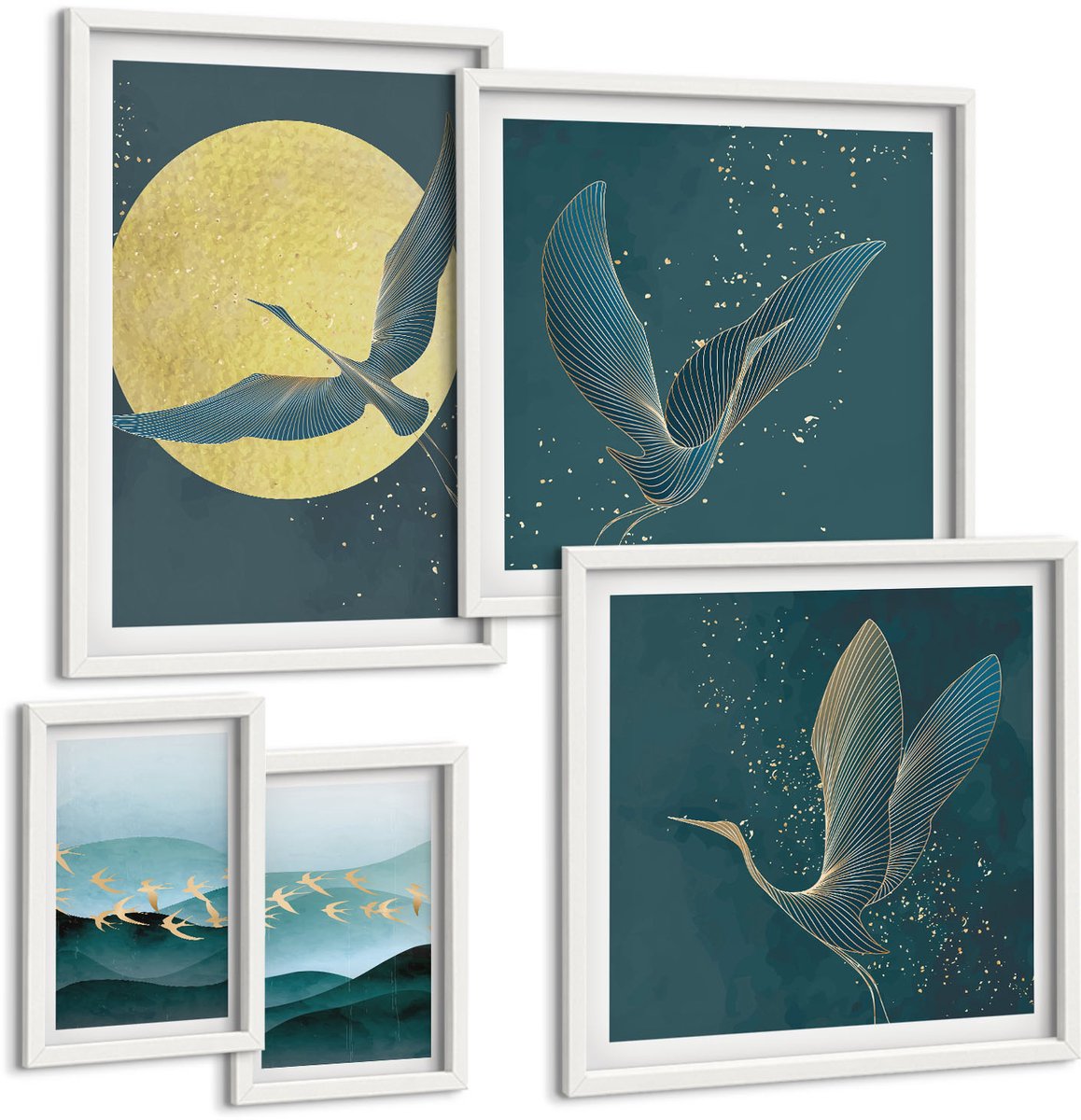 Wallfluent 5-Delige Schilderij Set - Landschappen Met Vogels In De Nachtelijke Hemel Met De Maan - 50 x 50 cm, 20 x 30 cm En 40 x 60 cm - Decoratieve Schilderijen - Wanddecoratie - Hal
