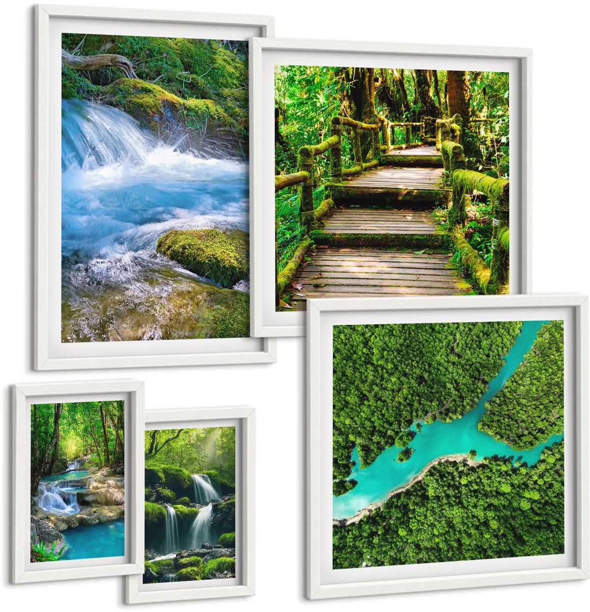 Wallfluent 5-Delige Schilderij Set - Groene Oases Van Rust, Watervallen En Beekjes In Het Bos. - 50 x 50 cm, 20 x 30 cm En 40 x 60 cm - Stijlvolle Wanddecoratie - Interieur - Woonkamer Decoratie