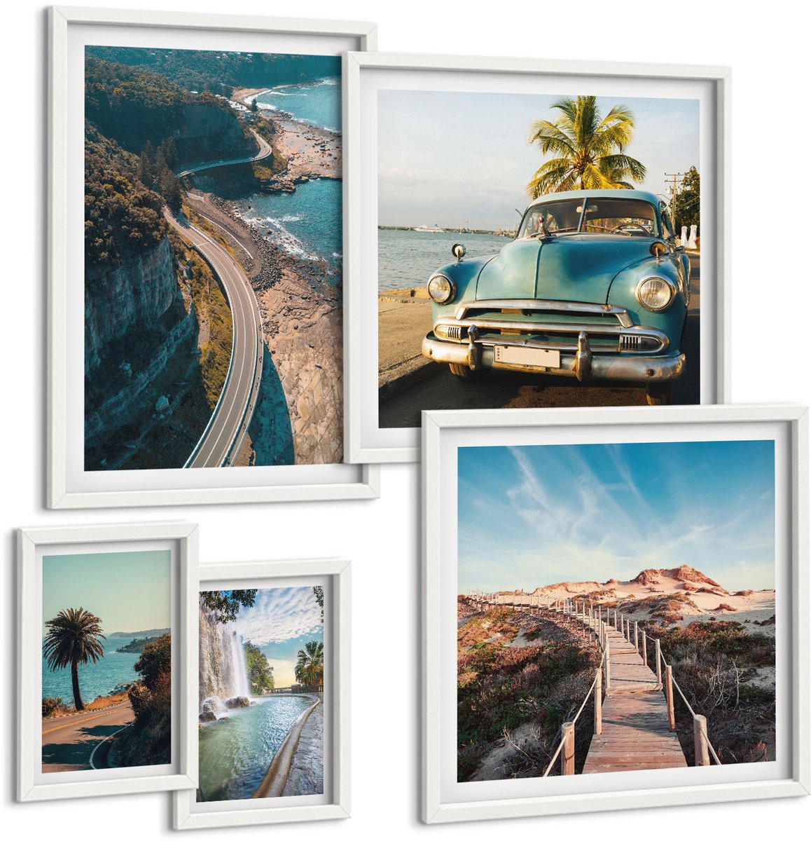 Wallfluent 5-Delige Schilderij Set - Reislandschappen Met Auto'S En Natuur - 50 x 50 cm, 20 x 30 cm En 40 x 60 cm - Wanddecoratie - Woonkamer Decoratie - Muurdecoratie