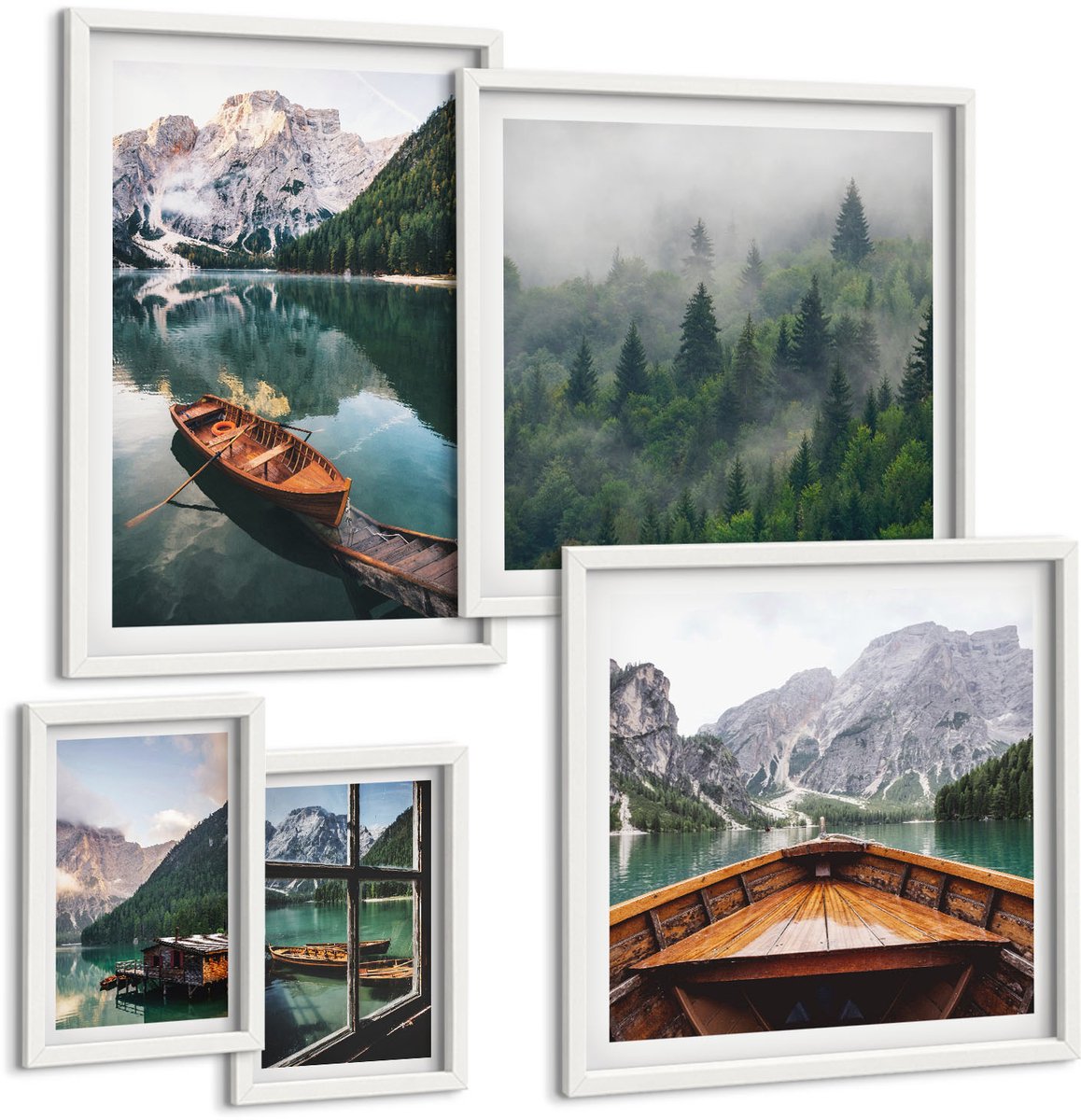 Wallfluent 5-Delige Schilderij Set - Rustgevende Uitzichten Op Bergmeren En Pittoreske Boten - 50 x 50 cm, 20 x 30 cm En 40 x 60 cm - Muurdecoratie - Interieur Decoratie