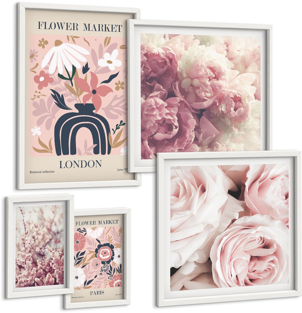 Wallfluent 5-Delige Schilderij Set - Bloemenmotieven In Boho- En Romantische Decoratiestijl - 50 x 50 cm, 20 x 30 cm En 40 x 60 cm - Decoratieve Schilderijen - Wanddecoratie - Hal