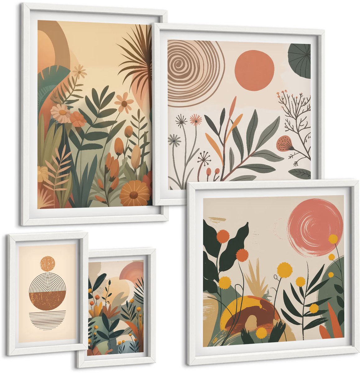Wallfluent 5-Delige Schilderij Set - Boho-Stijl Bloemenmotieven Met Abstracte Details - 50 x 50 cm, 20 x 30 cm En 40 x 60 cm - Muurdecoratie - Interieur Decoratie - Stijlvolle Muurdecoratie