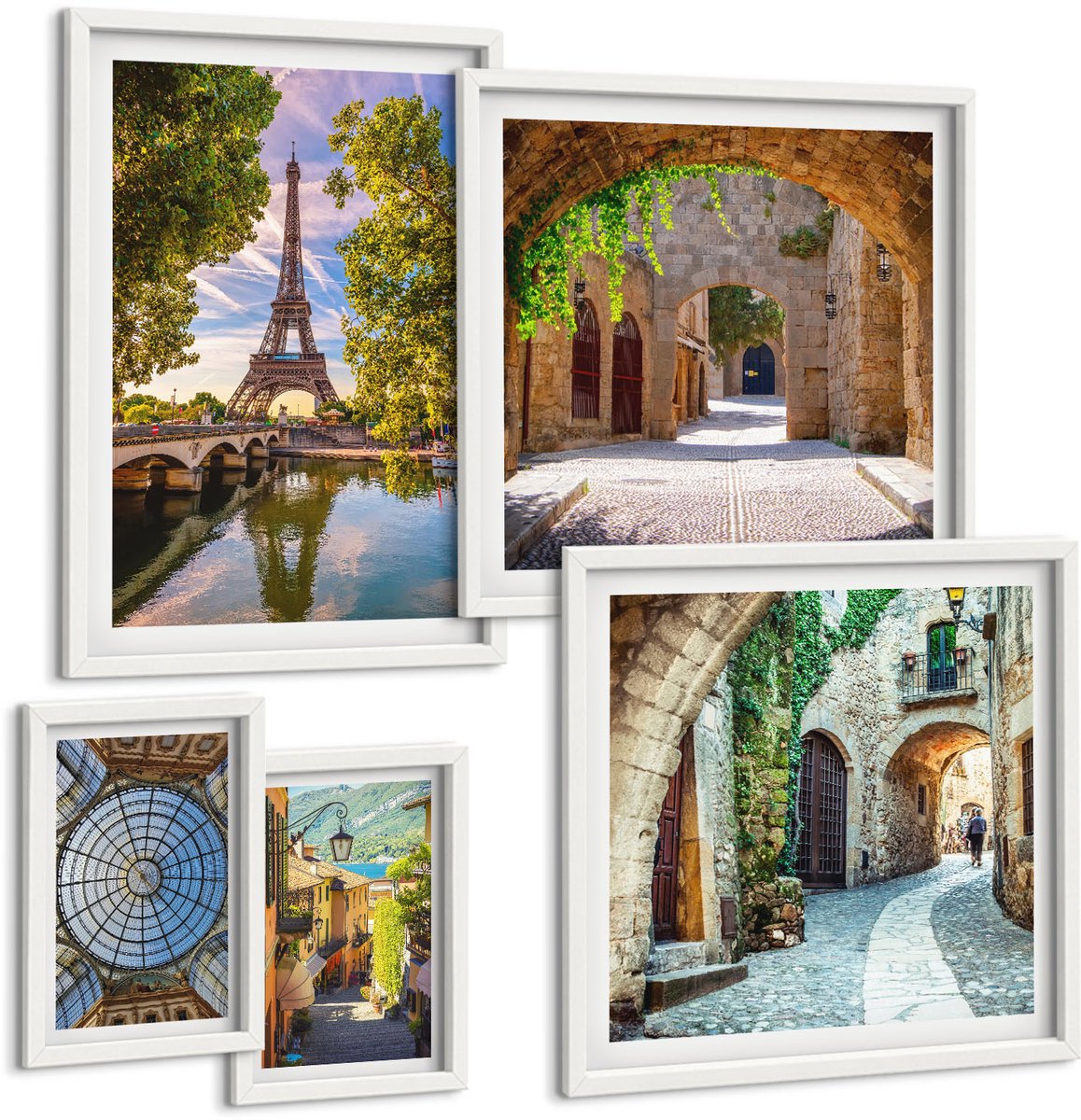 Wallfluent 5-Delige Schilderij Set - Betoverende Uitzichten Op Europese Steden En Architectuur - 50 x 50 cm, 20 x 30 cm En 40 x 60 cm - Stijlvolle Muurdecoratie - Kantoor - Moderne Wanddecoratie