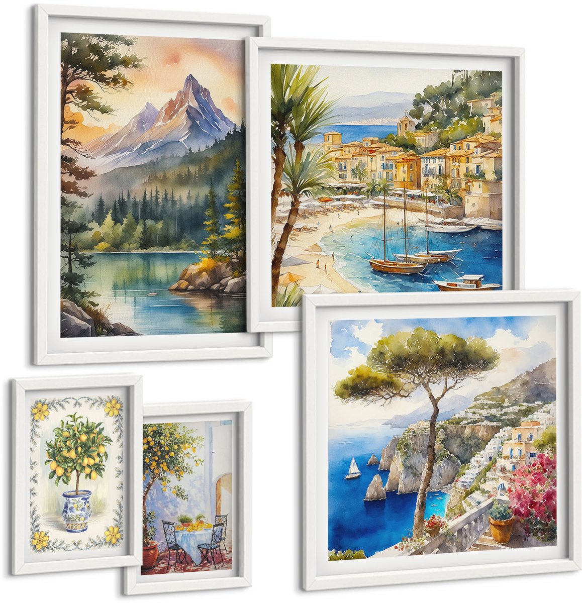 Wallfluent 5-Delige Schilderij Set - Berg- En Kustlandschappen Met Charmante Uitzichten - 50 x 50 cm, 20 x 30 cm En 40 x 60 cm - Muurdecoratie - Wanddecoratie - Hal