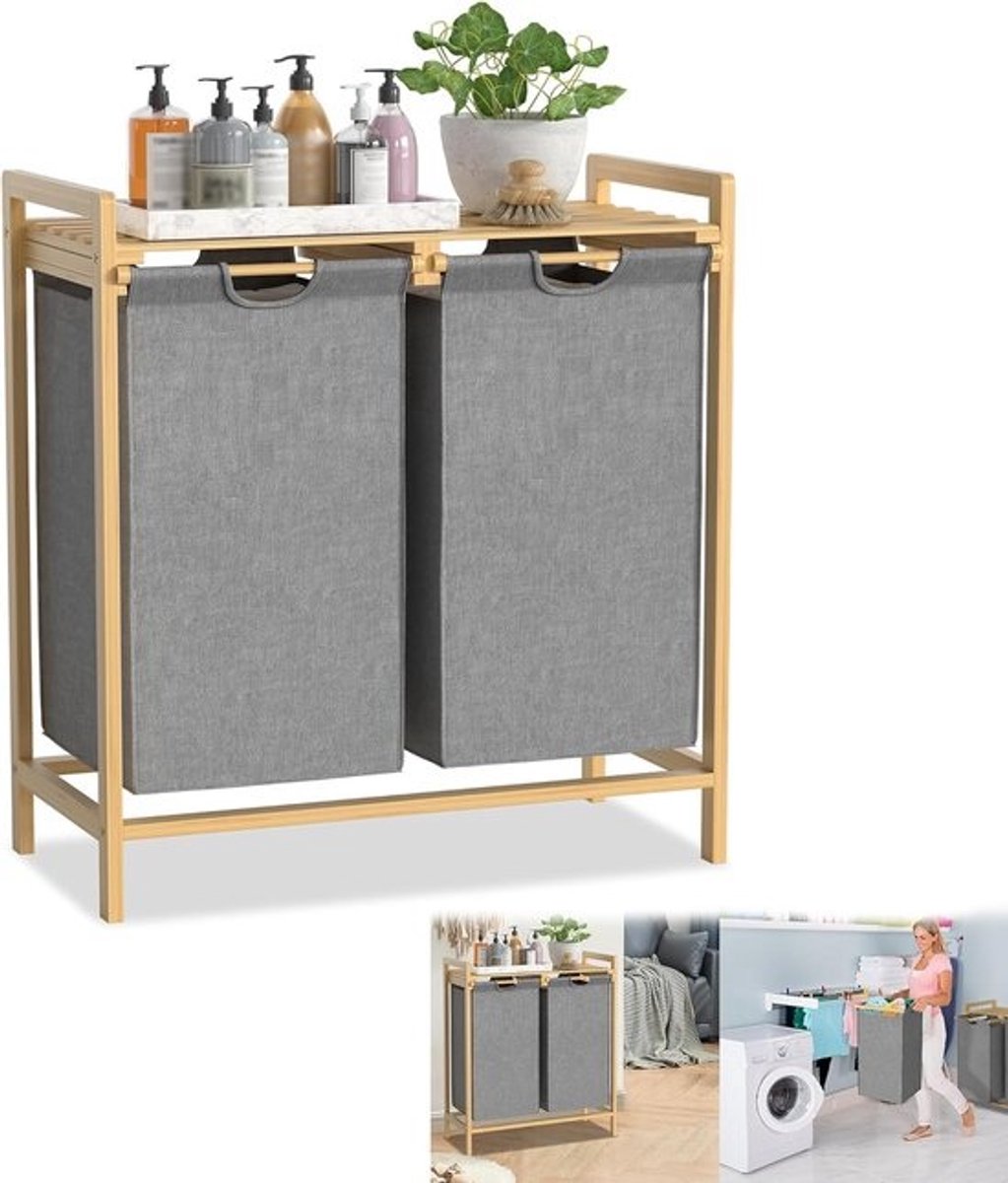 Wasmand met 2 Vakken en Plank - Bamboe Frame en Grijze Opbergzakken