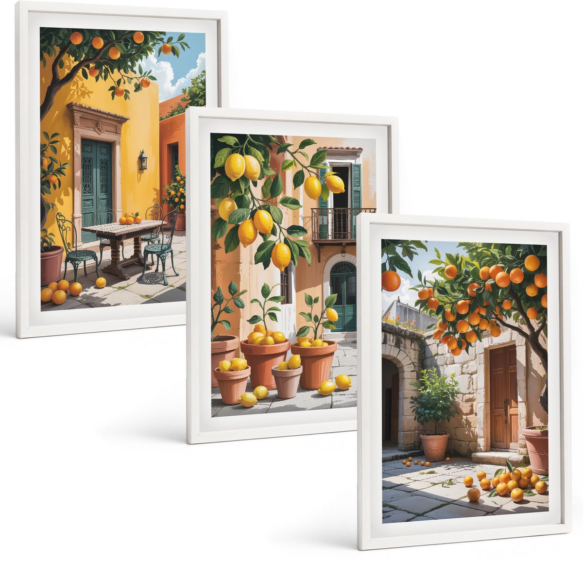 Wallfluent 3-Delige Schilderij Set - Citrusvruchten In Een Zonnige Tuinscène - 40 x 60 - Schilderijen Set - Wanddecoratie - Woonkamer - Interieur Decoratie