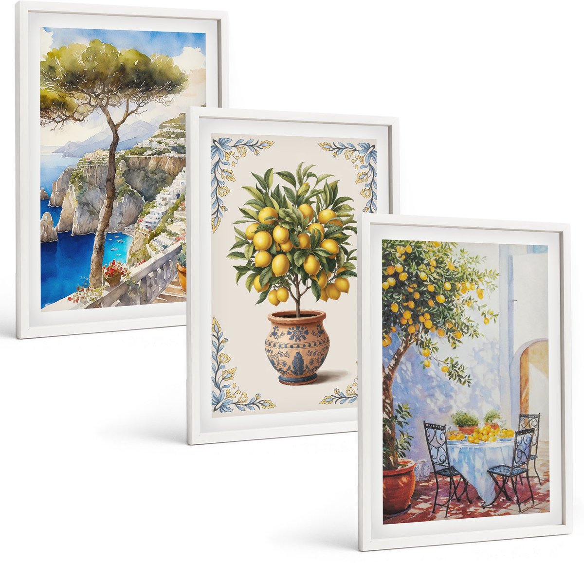 Wallfluent 3-Delige Schilderij Set - Zeezicht Met Citroenboom En Tuintafel - 40 x 60 - Muurdecoratie - Decoratieve Schilderijen - Wohnzimmer - Woonkamer Decoratie