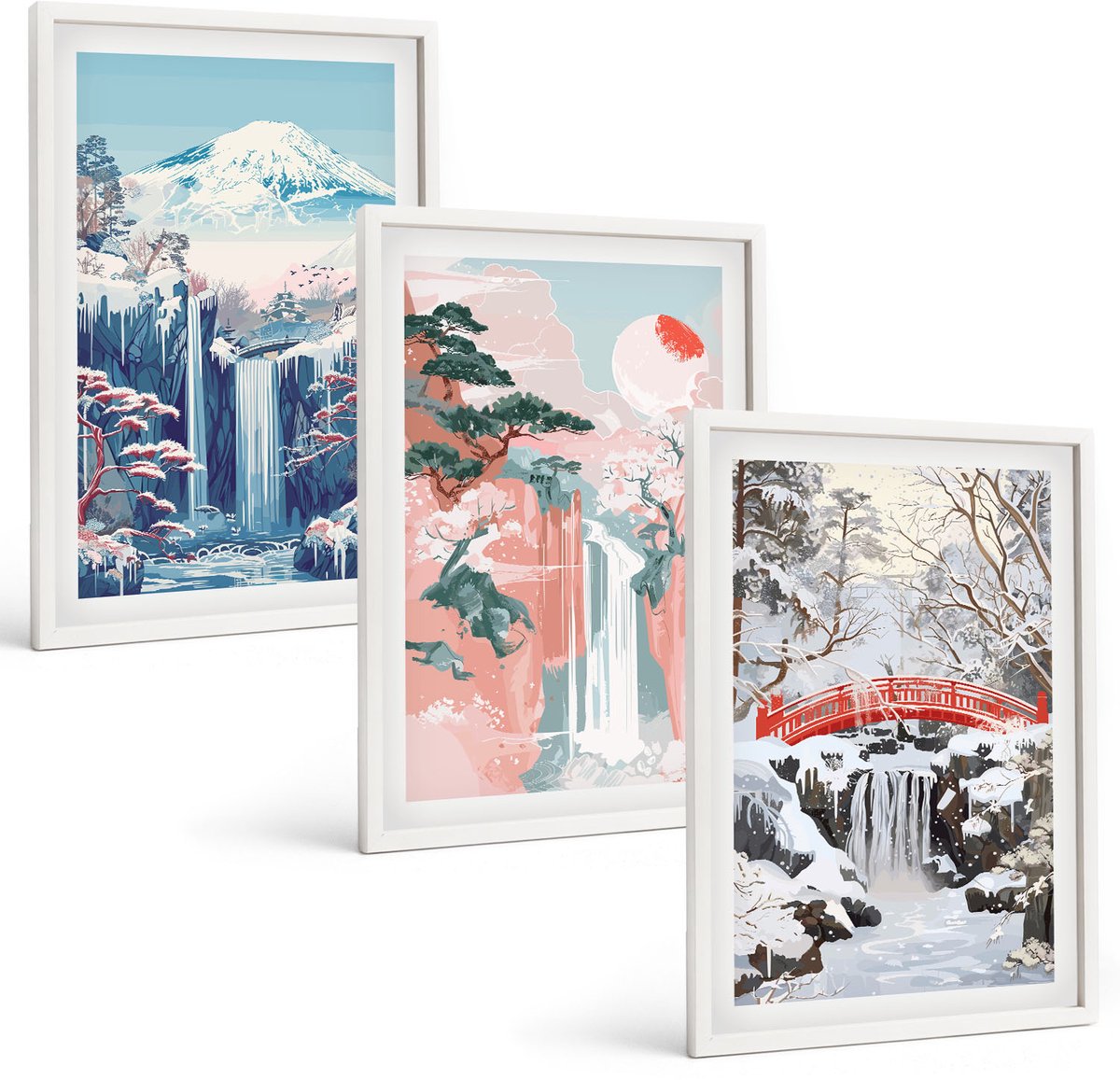 Wallfluent 3-Delige Schilderij Set - Berglandschappen En Watervallen In Verschillende Seizoenen - 40 x 60 - Muurdecoratie - Wanddecoratie - Hal - Woonkamer Decoratie
