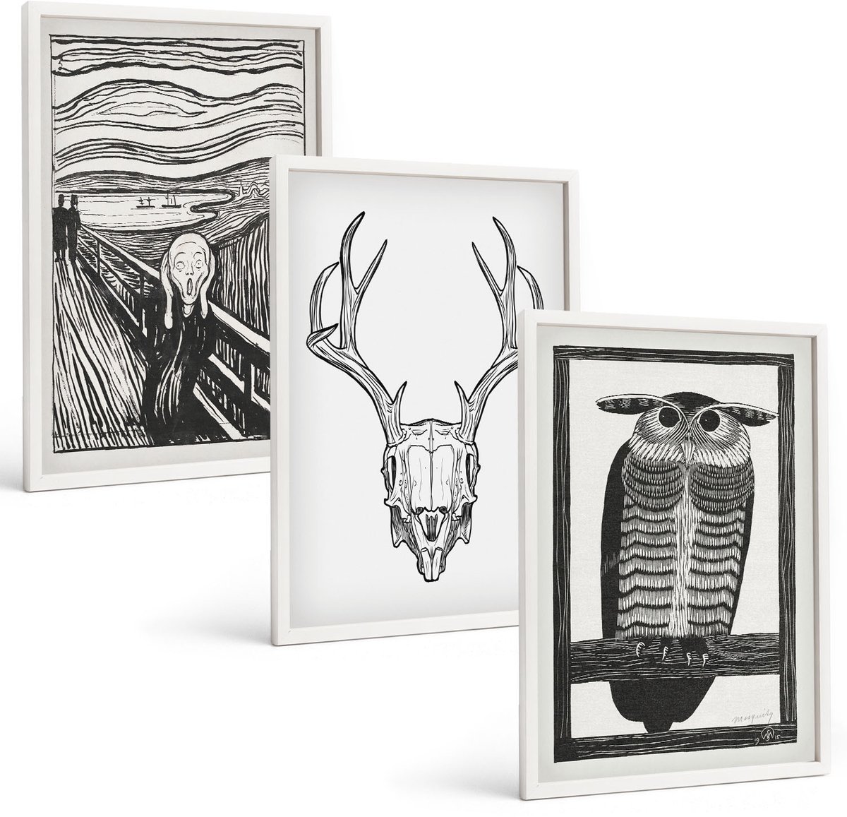 Wallfluent 3-Delige Schilderij Set - Inspiratiebeeld: Schreeuw Met Schedel En Uil In Grafische Stijl - 40 x 60 - Stijlvolle Wanddecoratie - Interieur - Interieur Decoratie