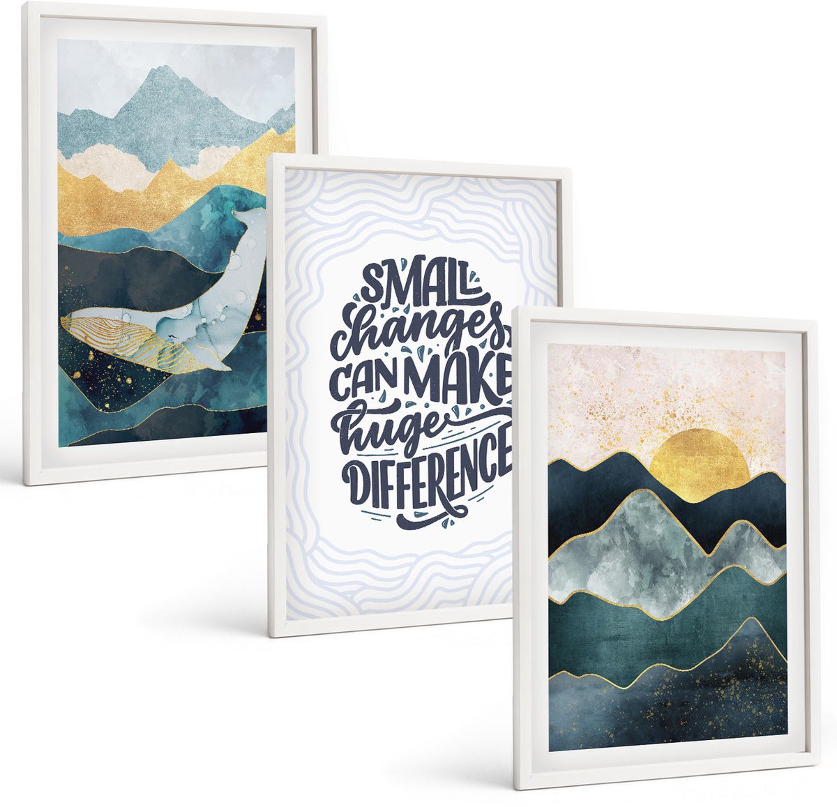 Wallfluent 3-Delige Schilderij Set - Abstracte Berglandschappen Met Inspirerende Belettering - 40 x 60 - Wanddecoratie - Muurdecoratie - Moderne Interieurdecoratie - Stijlvolle Muurdecoratie