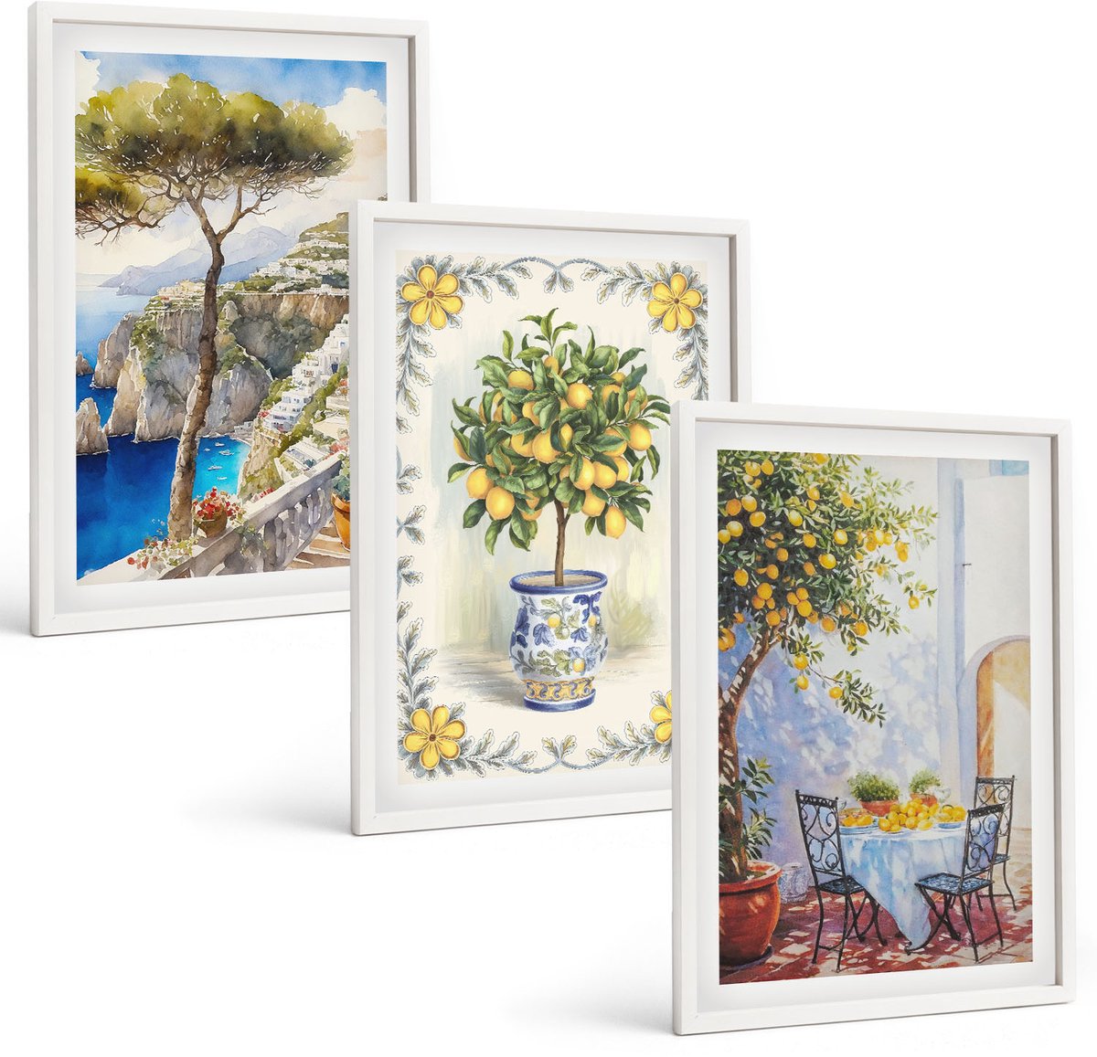 Wallfluent 3-Delige Schilderij Set - Uitzicht Op Zee Met Citroenbomen - 40 x 60 - Wanddecoratie - Schilderijen Set - Interieur - Muurdecoratie