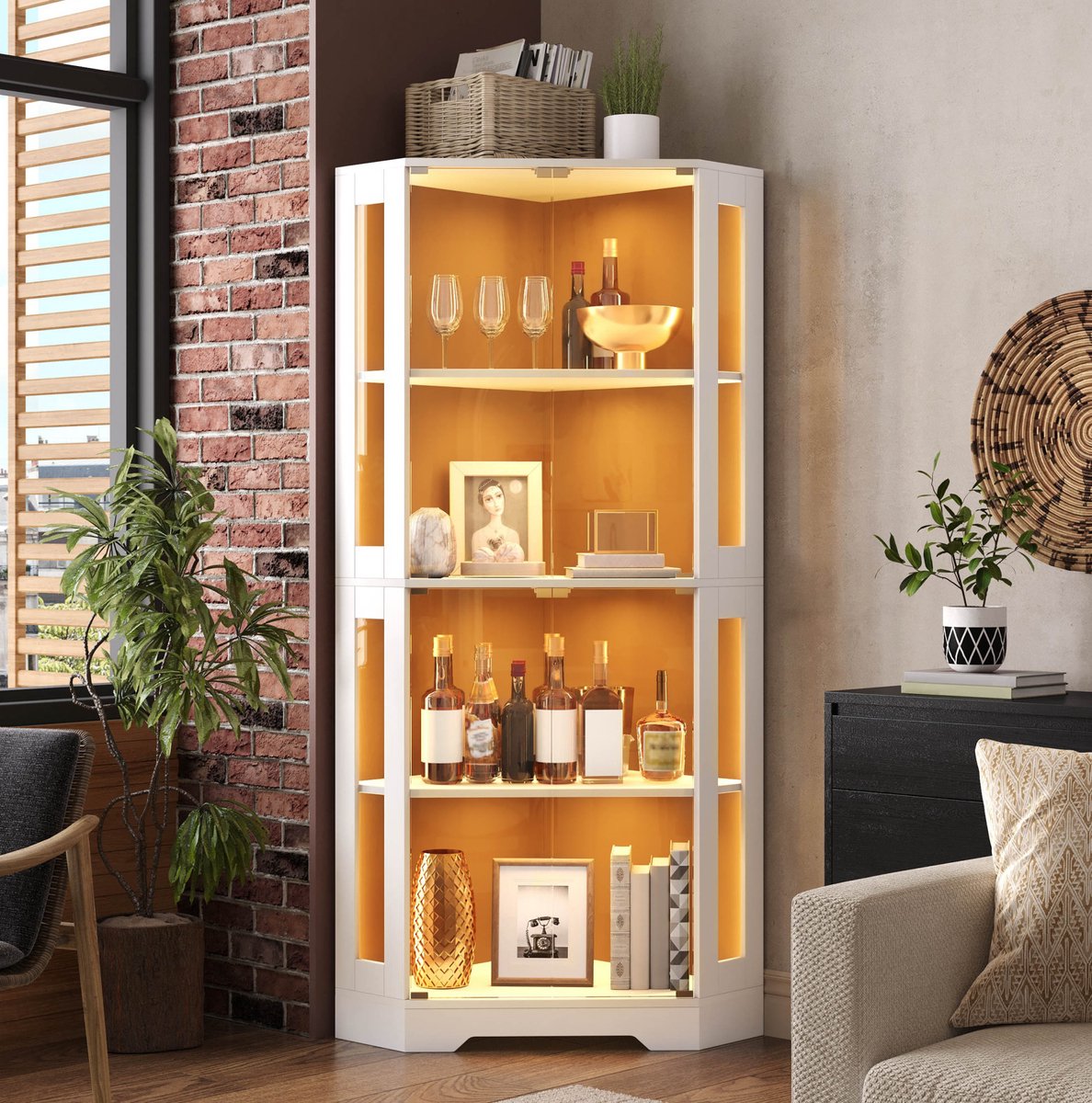 MODFU - Keukenkast - Vitrinekast - LED Verlichting - Stekkerdoos - Wit - MDF
