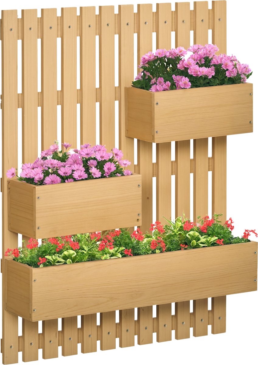 Verhoogde Plantenbak - Wandbevestiging - Inclusief 3 afneembare plantenbakken van massief hout - 60 x 16 x 80 cm