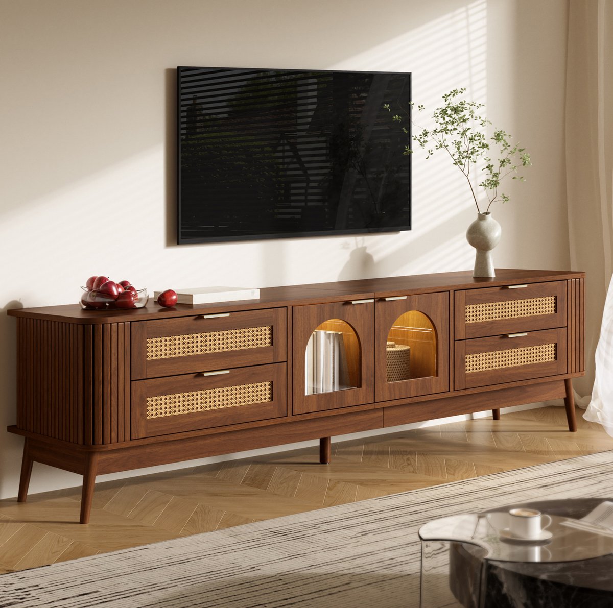 MODFU - Tv Meubel - Walnoot - App Bedienbare Ledverlichting - Spaanplaat - Veiligheidsglas