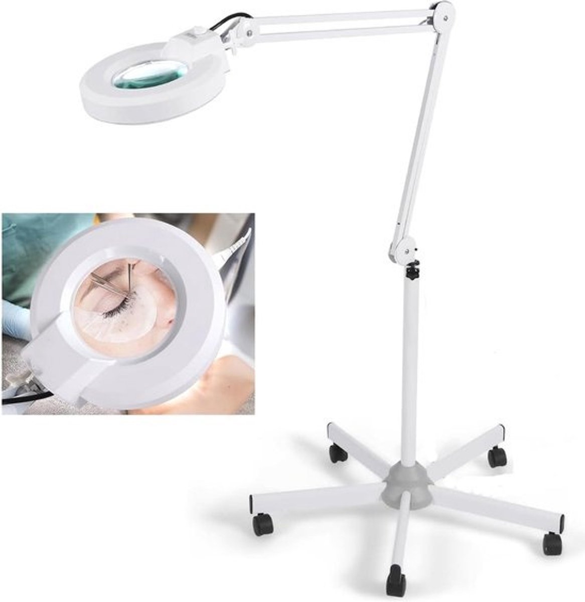 Vloerlamp Vergrootglas - Werklamp Precisie - Nauwkeurig Werken - Verstelbare Arm - 5 Dioptrie - Wit