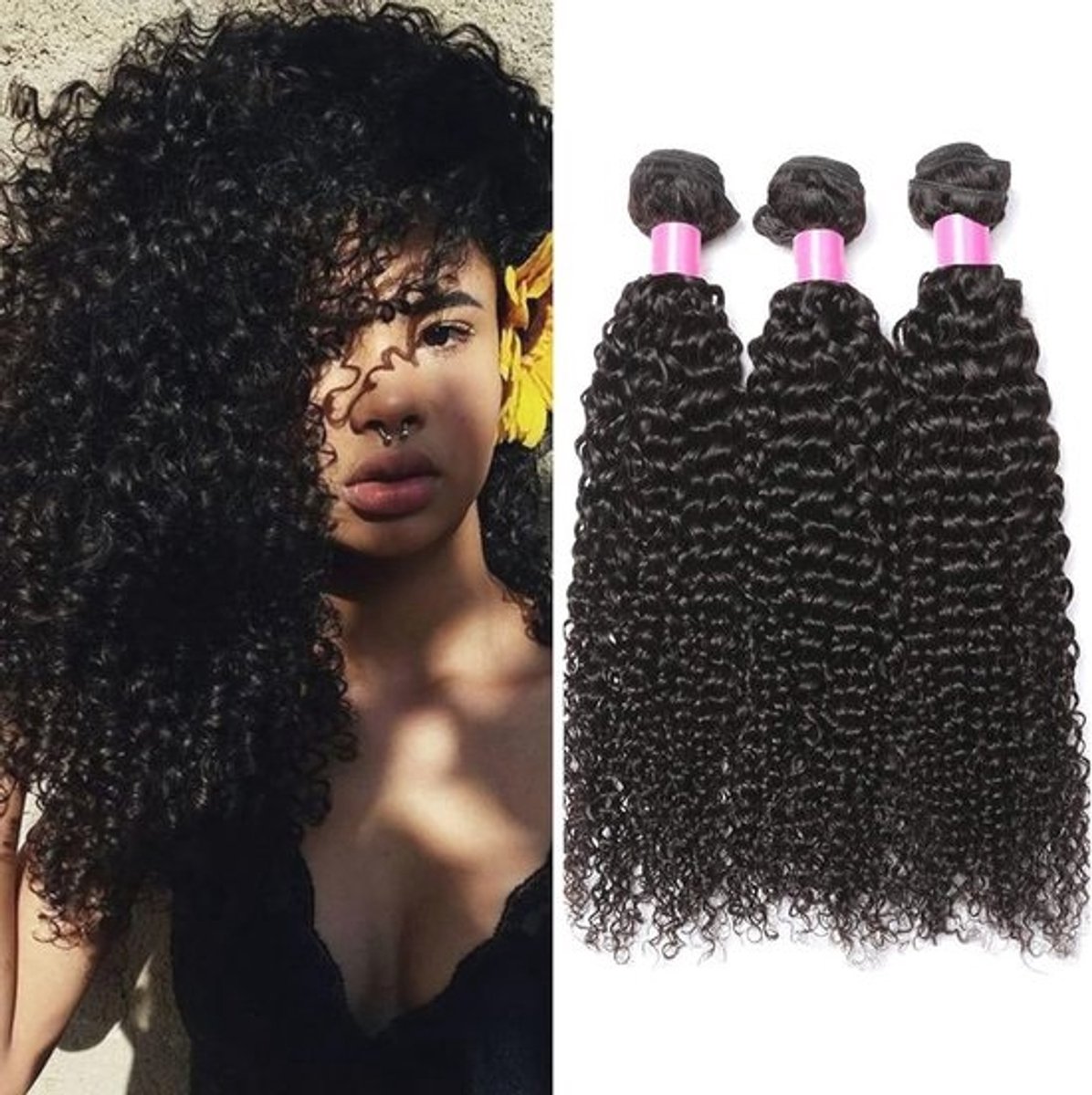 3 Brazilian Hair Bundles - Deep Curly, 22 inch, Real Human Hair Extensions