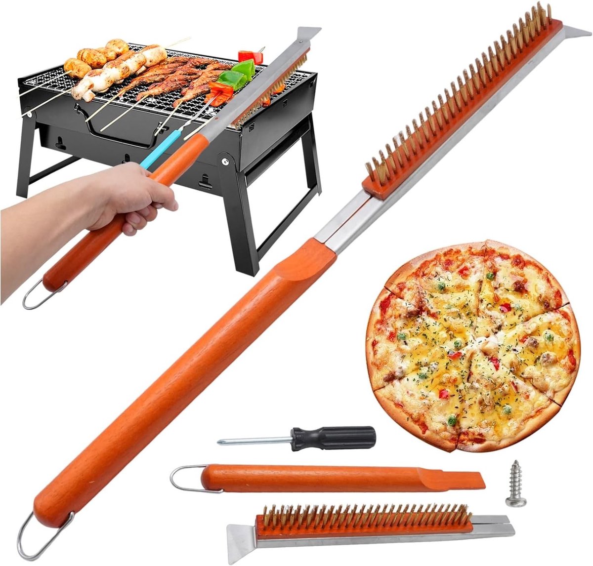 Pizzaovenborstelset - Hittebestendig - 53,5 cm - Houten Handvat met Messing Borstel - Voor Pizzaliefhebbers