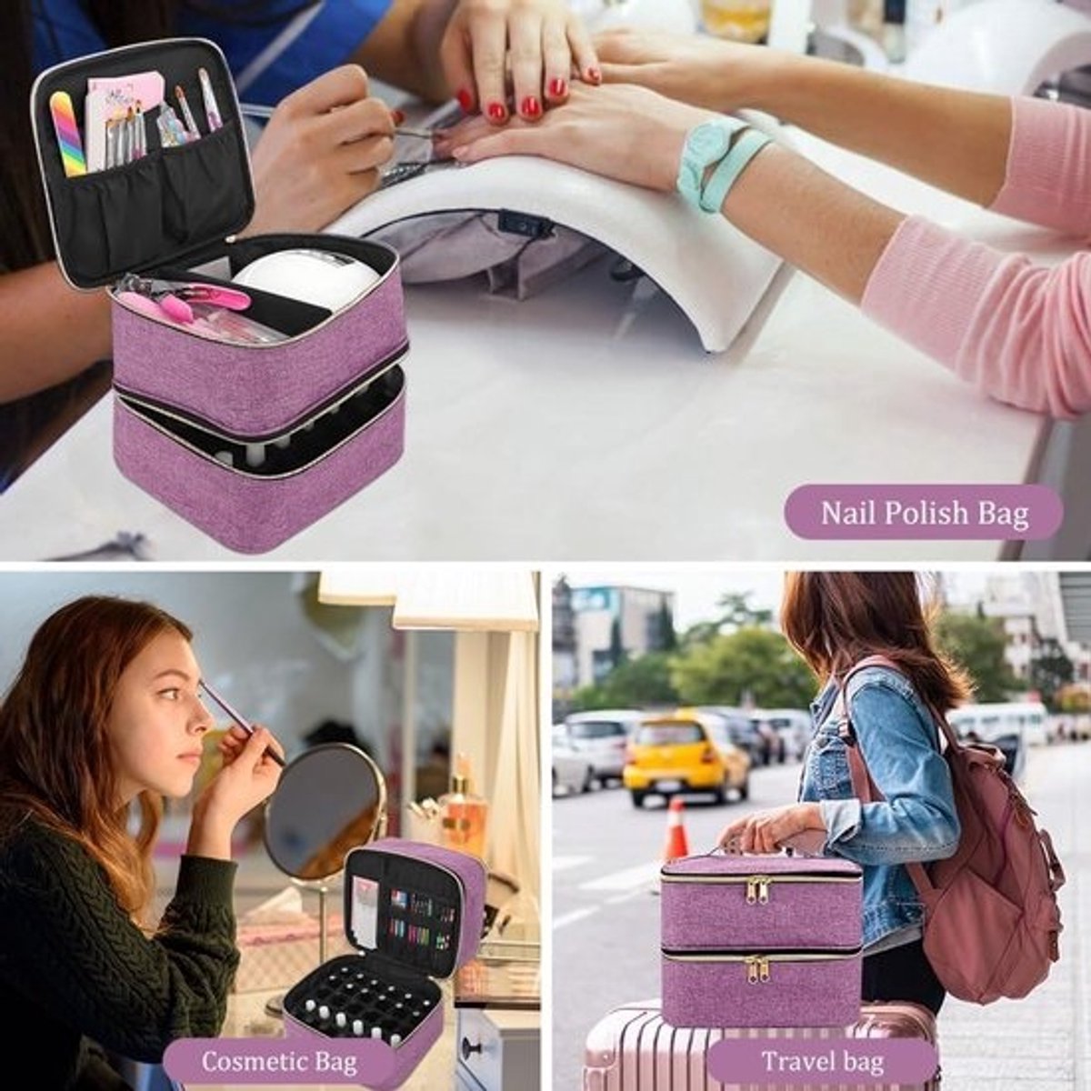 SnelShoppen - Grote Dubbele Cosmeticazak, Paars, Make-up Organizer, Capaciteit 25x21x18cm, Mode Accessoire voor Thuis en Reis