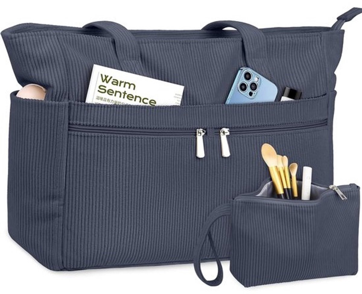 Dames Laptop Corduroy Tote Bag - Grote Capaciteit Schoudertas met Rits en Zak voor College, School, Werk, Reizen en Winkelen