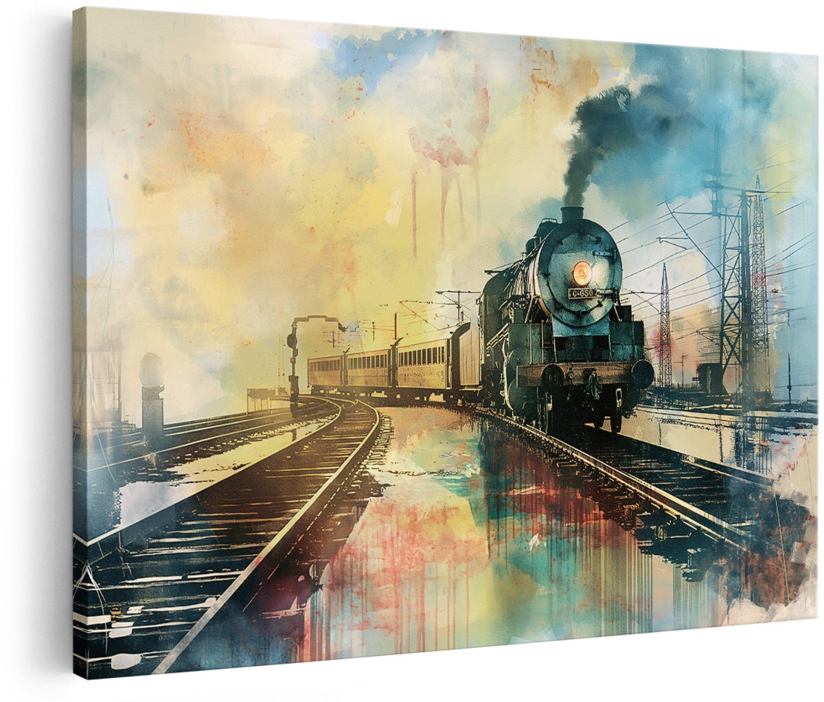 Artaza Canvas Schilderij Stoomtrein - 150x100 cm - Groot - Wanddecoratie Industrieel - Muurdecoratie Vintage - Schilderijen Op Canvas Spoorlijn