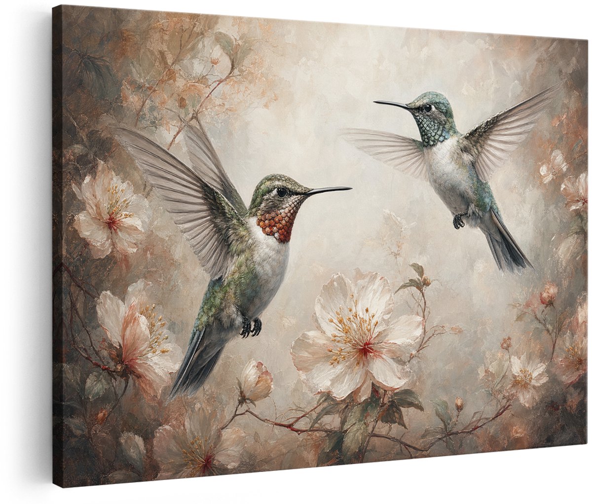 Artaza Canvas Schilderij Kolibries Met Bloemen - Zachte Botanische Kunst - 150x100 cm - Groot - Wanddecoratie Woonkamer - Schilderijen - Muurdecoratie