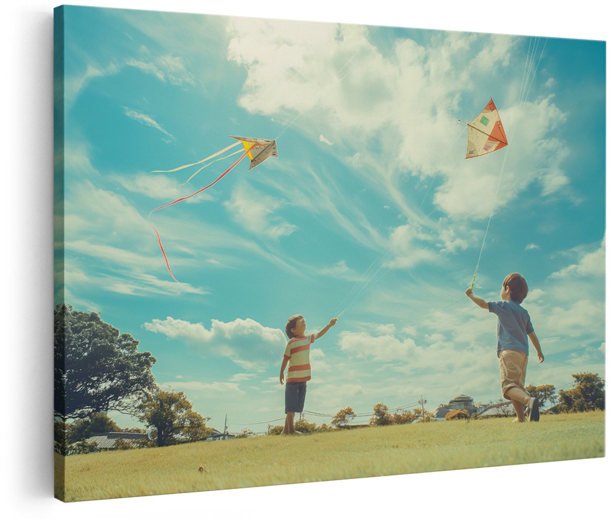 Artaza Canvas Schilderij Vliegeren - 150x100 cm - Groot - Wanddecoratie Kinderkamer - Muurdecoratie Jongens - Schilderijen Spelende Kinderen - Blauw