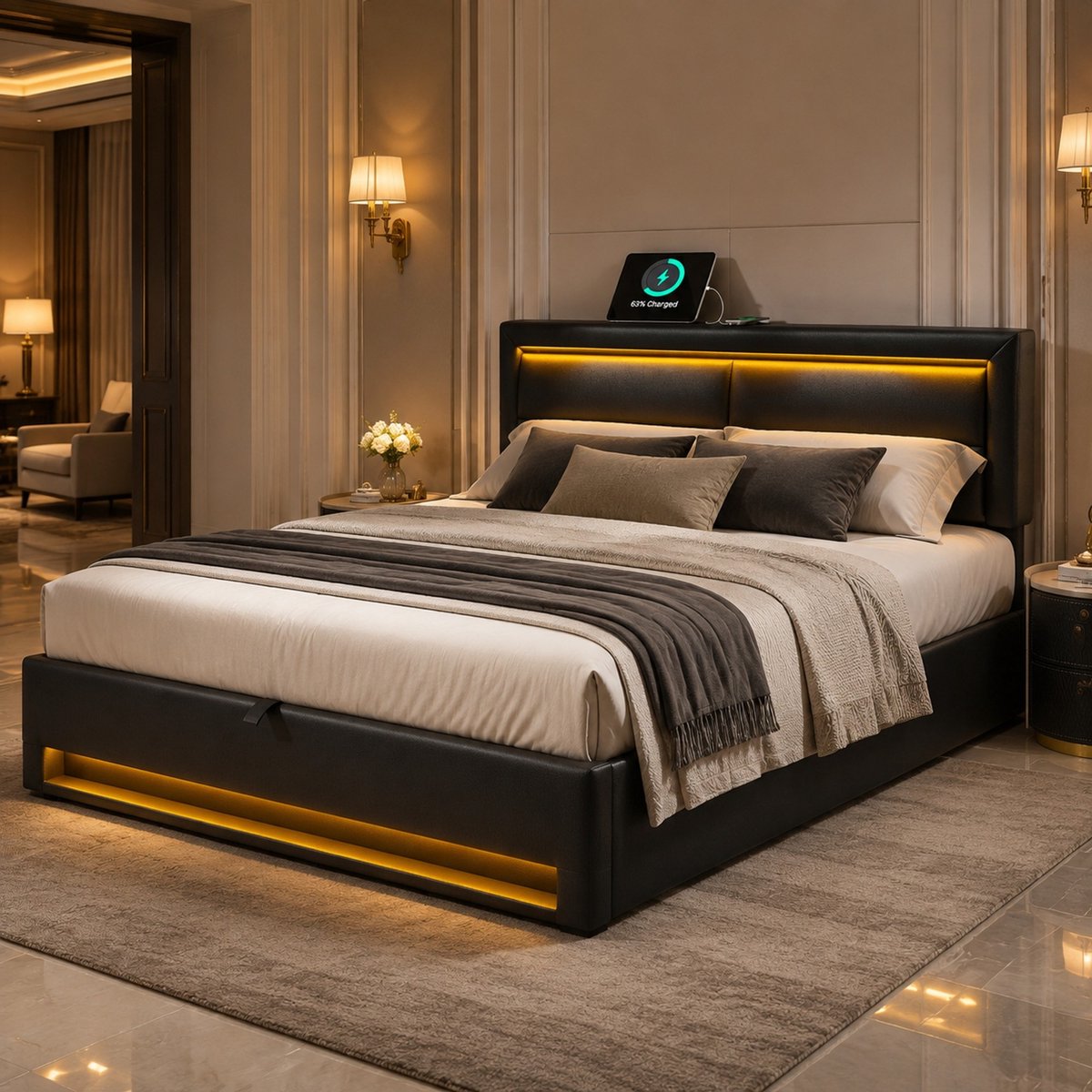 Wishdor Tweepersoonsbed 140x190 cm - Met ledverlichting en usb-poort - Met opbergruimte en lattenbodem - Zwart kunstleer - Voor slaapkamer volwassenen