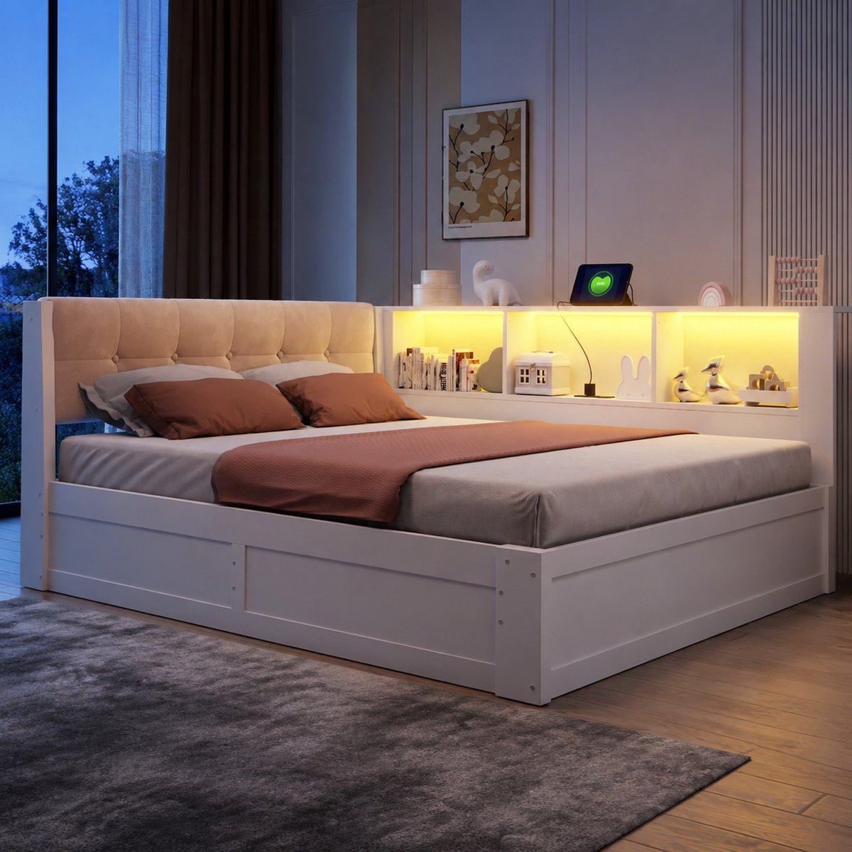 MODENUIT Bedbank 140x200 cm - Met Opbergruimte, LED Verlichting En USB - Voor Slaapkamer - Hout - Wit