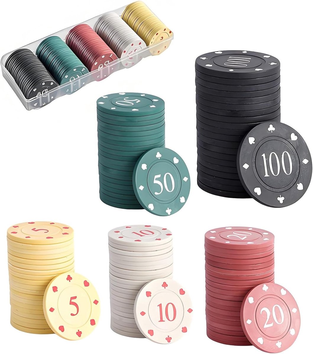 Set van 100 professionele poker chips in 5 kleuren met opslagdoos voor Texas Hold'em en blackjack, ideaal voor spelletjesavonden en casino-ervaring