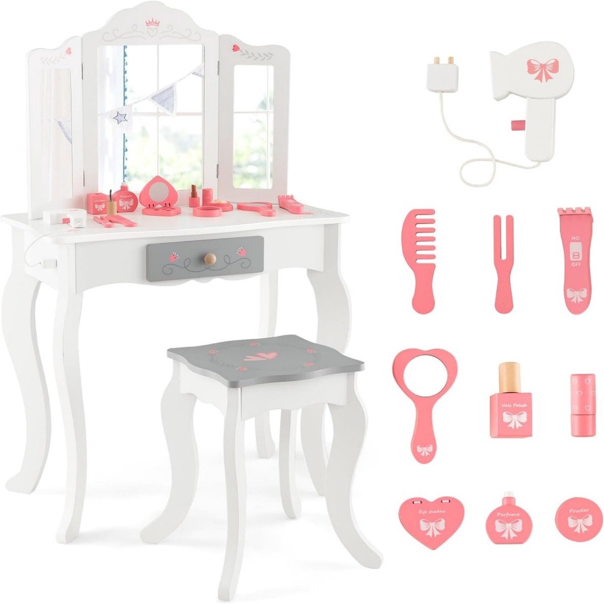 SureDeal® - Kaptafel - Kinder Kaptafel - Kruk Kaptafel Prinses - Afneembare Voudig Inklapbare - 60x33x98,5 cm - Wit