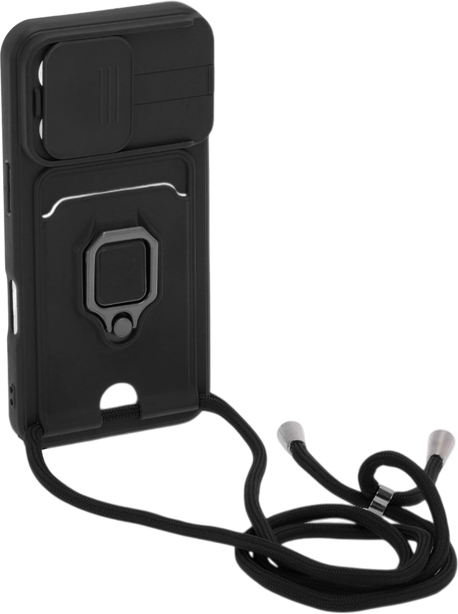 Dailygoods- Telefoonhoes met verstelbare halsketting - Telefoonhoes iPhone 16 Pro - Ringhouder - Schuifcamera-afdekking - Kaartsleuven - Zwart - Telefooncase
