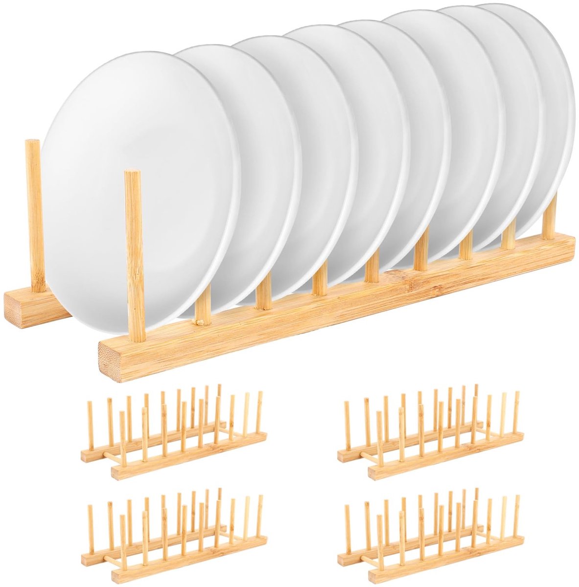 Dailygoods- Bordenstandaard 5 Stuks - Bordenhouder - Afdruiprek - Houten Serviesstandaard - Pannendekselhouder - 8 Sleuven - Bordenrek