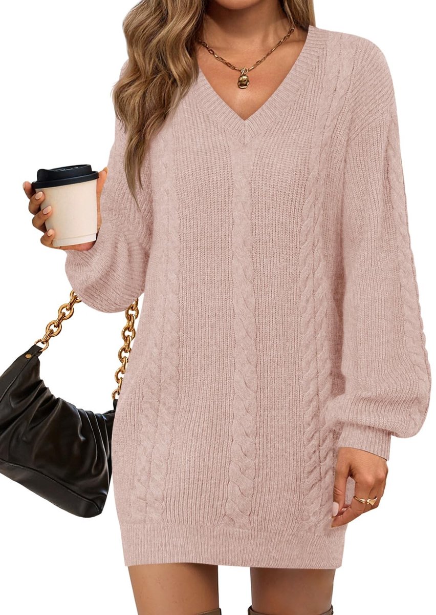 Dailygoods- Mini-jurk V-hals - Gebreide Trui-jurk - Oversized - Lange Lantaarnmouwen - Losse Pasvorm - Zachte Vlechtpatroon