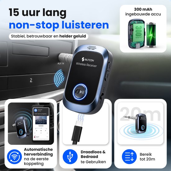 Siltcon® Bluetooth Receiver - BT 5.4 - 3.5MM AUX - Bluetooth Ontvanger - Bluetooth Audio Receiver - Bluetooth Auto via AUX - Aux Bluetooth - Handsfree Bellen - Universeel Auto, Speaker, Tablet, Laptop & Telefoon - USB-C Oplaadbaar - Incl. Aux kabel van Siltcon — afbeelding 3