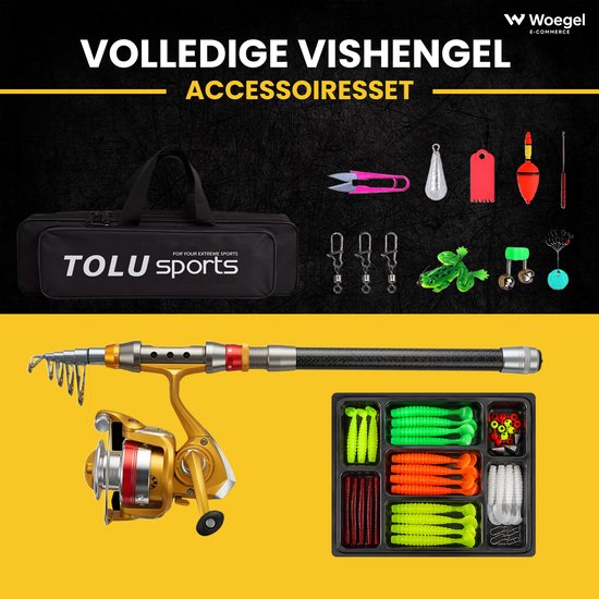 woegel hengelset - complete visset - vishengel + accessoires - werpmolen 50 meter - hengel van 2,1meter inschuifbaar - carbon-goud van Merkloos — afbeelding 5
