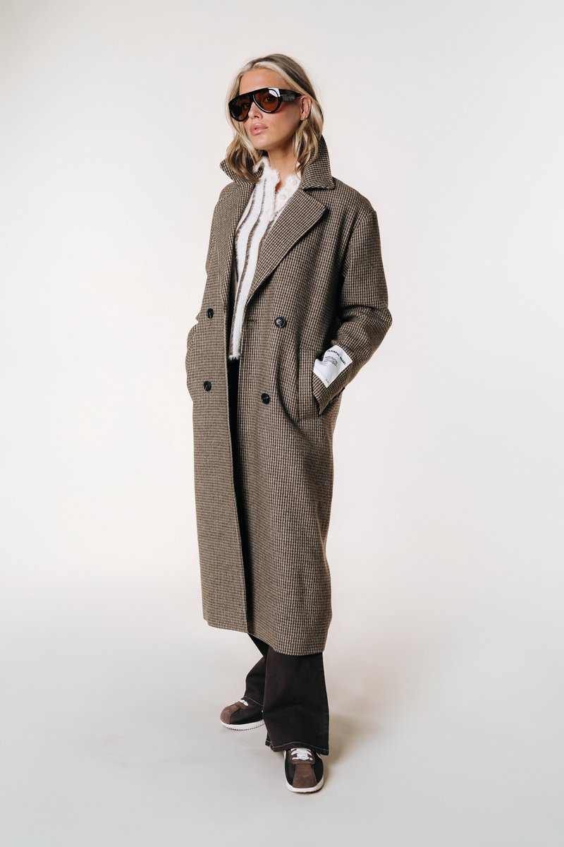 Colourful Rebel Zania Check Double Breasted Wool Long Coat - S