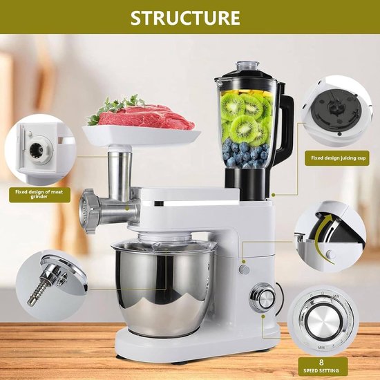 Elektrische Keukenmixer - Standmixer Deegmixer - Bakken en Koken - 3-in-1 Multifunctioneel - 6 Liter Kom - Zilver — afbeelding 2